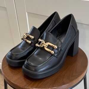 Just Fab Black Block Heel Loafers with Gold Chain Accent